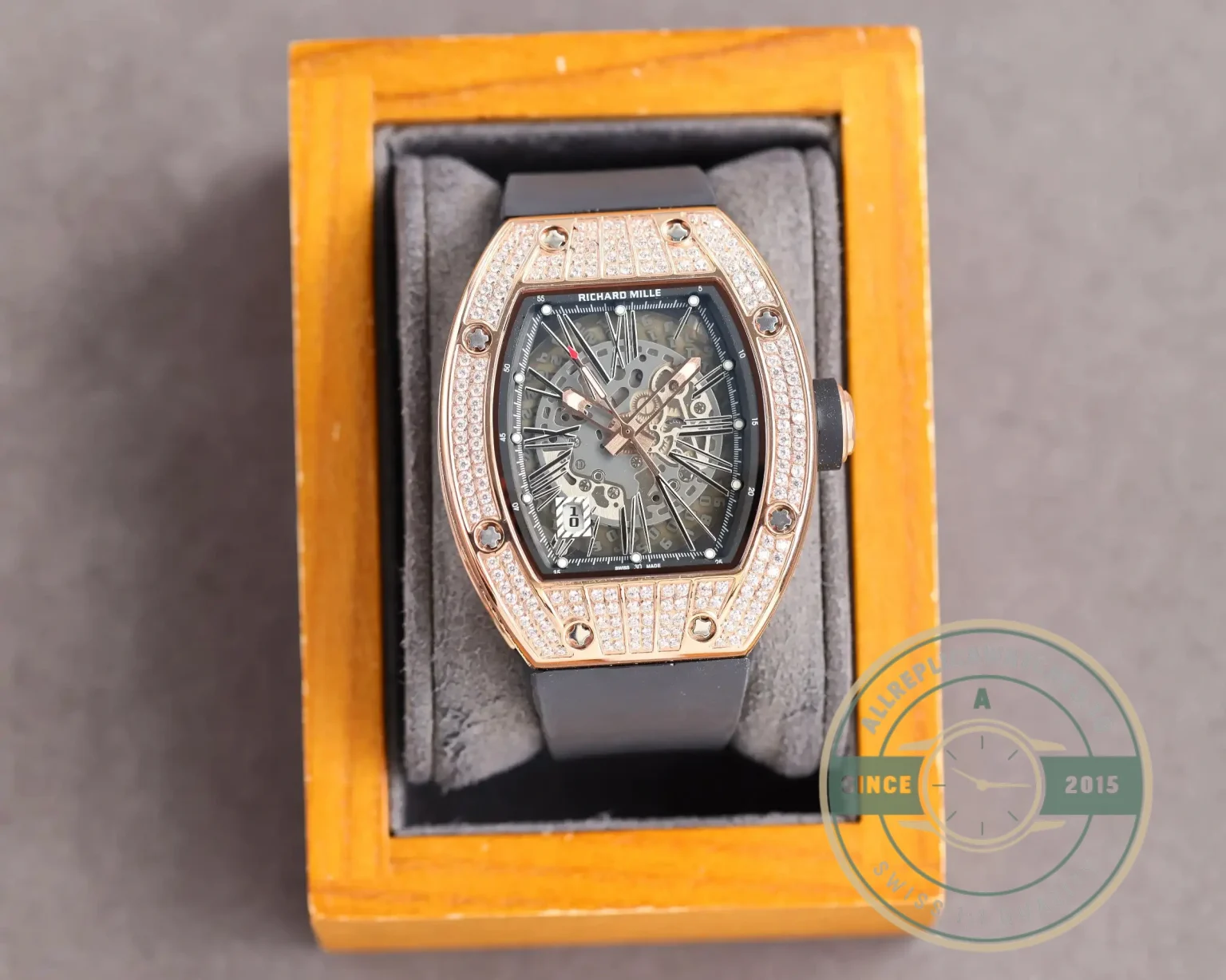 Replica Richard Mille 010 Rose Gold Diamonds Black Strap - Affordable Super Clone Watch