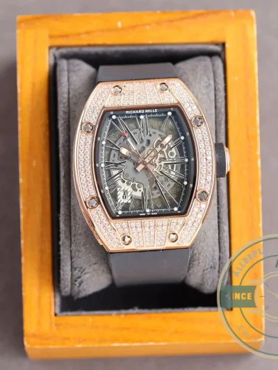 Replica Richard Mille 010 Rose Gold Diamonds Black Strap - Affordable Super Clone Watch