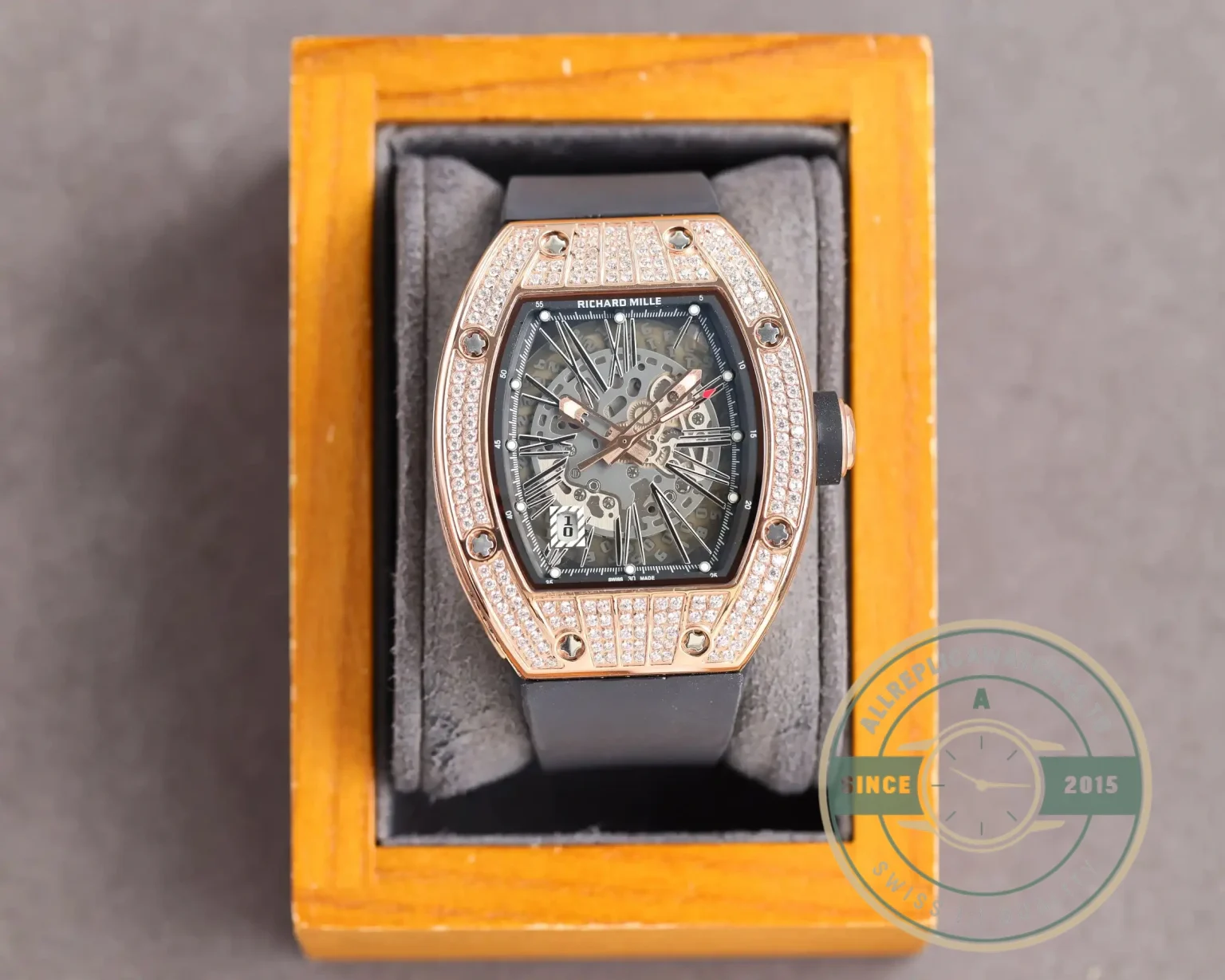 Replica Richard Mille 010 Rose Gold Diamonds Black Strap - 1:1 Swiss Replica Watch
