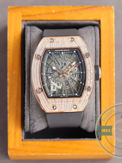 Replica Richard Mille 010 Rose Gold Diamonds Black Strap - 1:1 Swiss Replica Watch