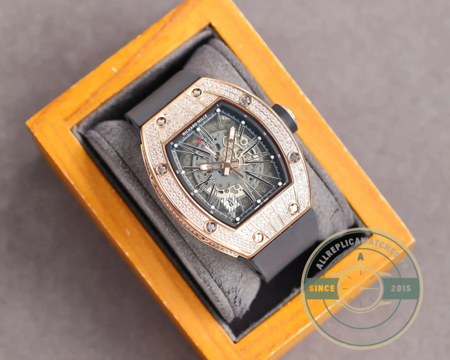 Replica Richard Mille 010 Rose Gold Diamonds Black Strap - High-Grade Replica Watch