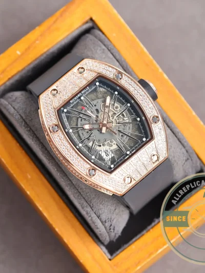 Replica Richard Mille 010 Rose Gold Diamonds Black Strap - High-Grade Replica Watch