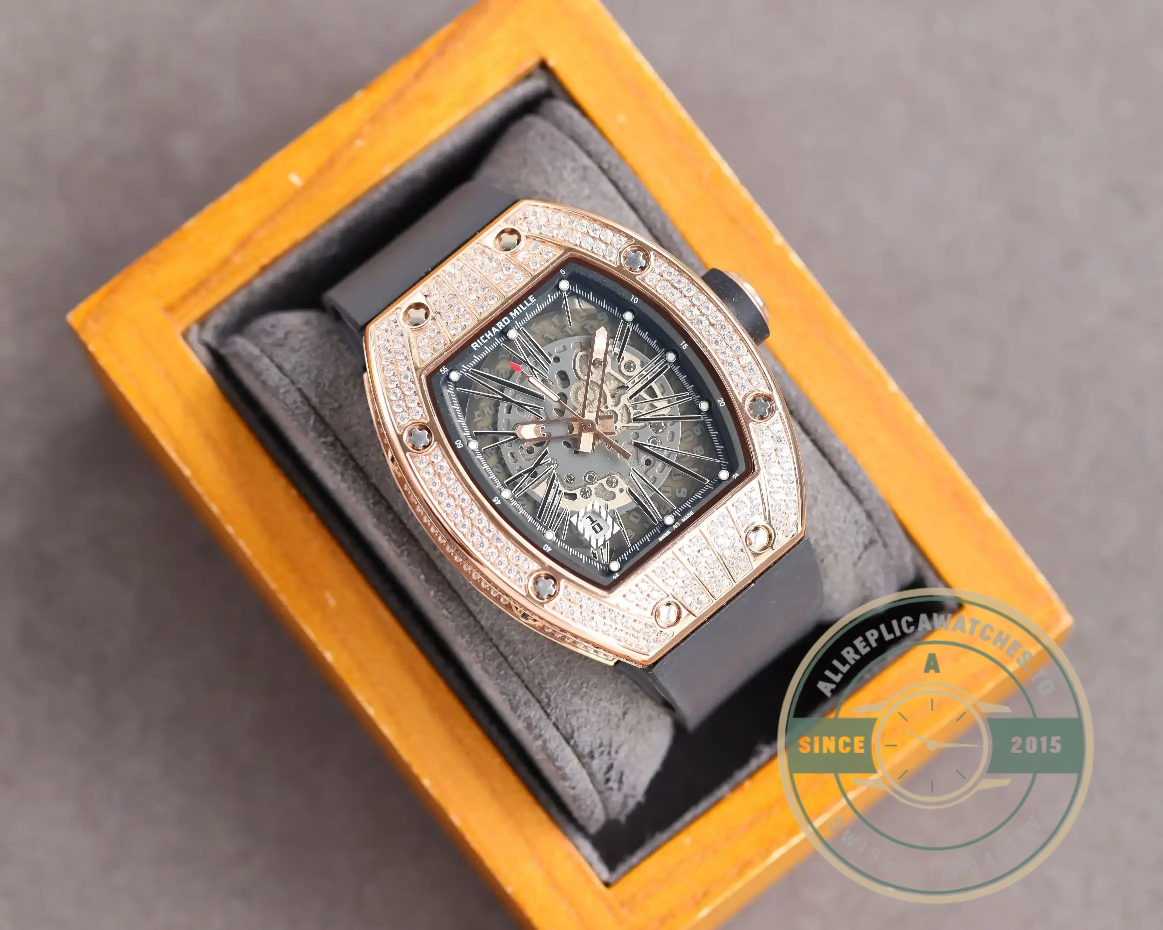 Replica Richard Mille 010 Rose Gold Diamonds Black Strap - High-Grade Replica Watch