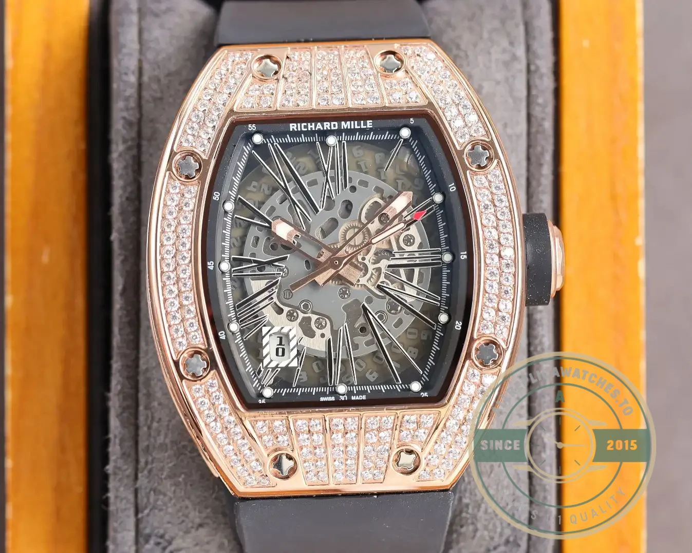 Replica Richard Mille 010 Rose Gold Diamonds Black Strap - Affordable Luxury Replica Timepiece