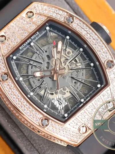 Replica Richard Mille 010 Rose Gold Diamonds Black Strap - 1:1 Swiss Replica Watch