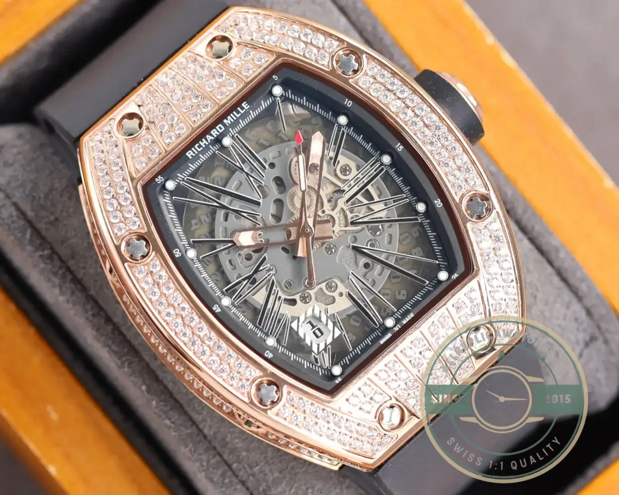 Replica Richard Mille 010 Rose Gold Diamonds Black Strap - 1:1 Swiss Replica Watch
