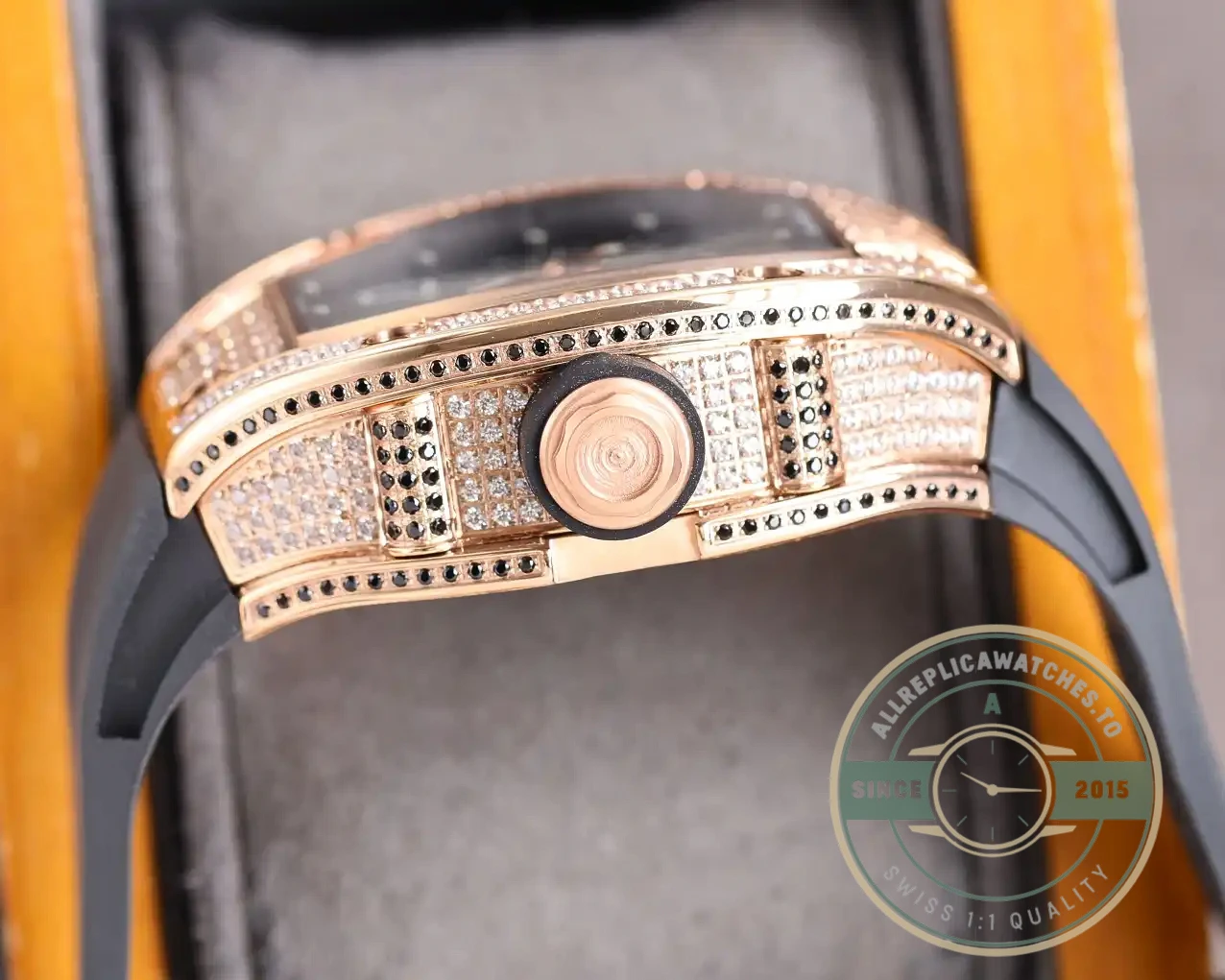 Replica Richard Mille 010 Rose Gold Diamonds Black Strap - Best Quality Replica Watch
