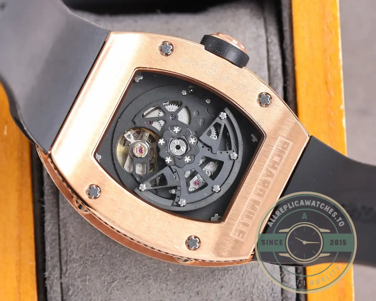 Replica Richard Mille 010 Rose Gold Diamonds Black Strap - Affordable Super Clone Watch