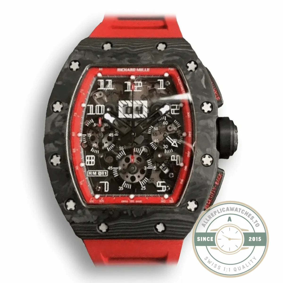 Replica Richard Mille 011 Carbon Case Red Strap - Swiss-Made Clone Watch