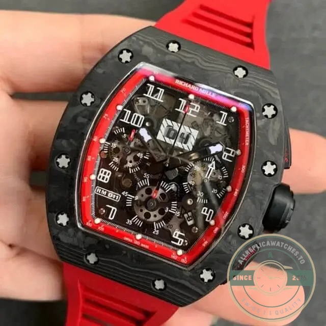 Replica Richard Mille 011 Carbon Case Red Strap - Affordable Super Clone Watch