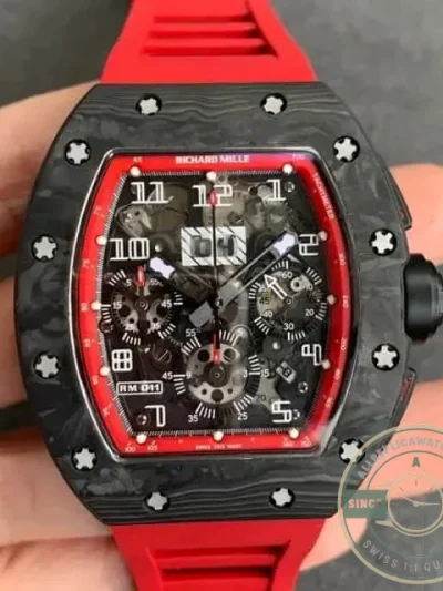 Replica Richard Mille 011 Carbon Case Red Strap - Factory Super Clone Watch