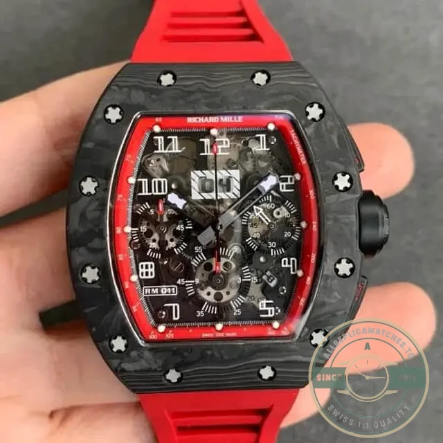 Replica Richard Mille 011 Carbon Case Red Strap - Factory Super Clone Watch
