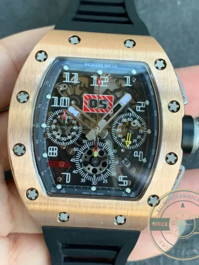 Replica Richard Mille 011 Rose Gold Black Strap - Factory Super Clone Watch