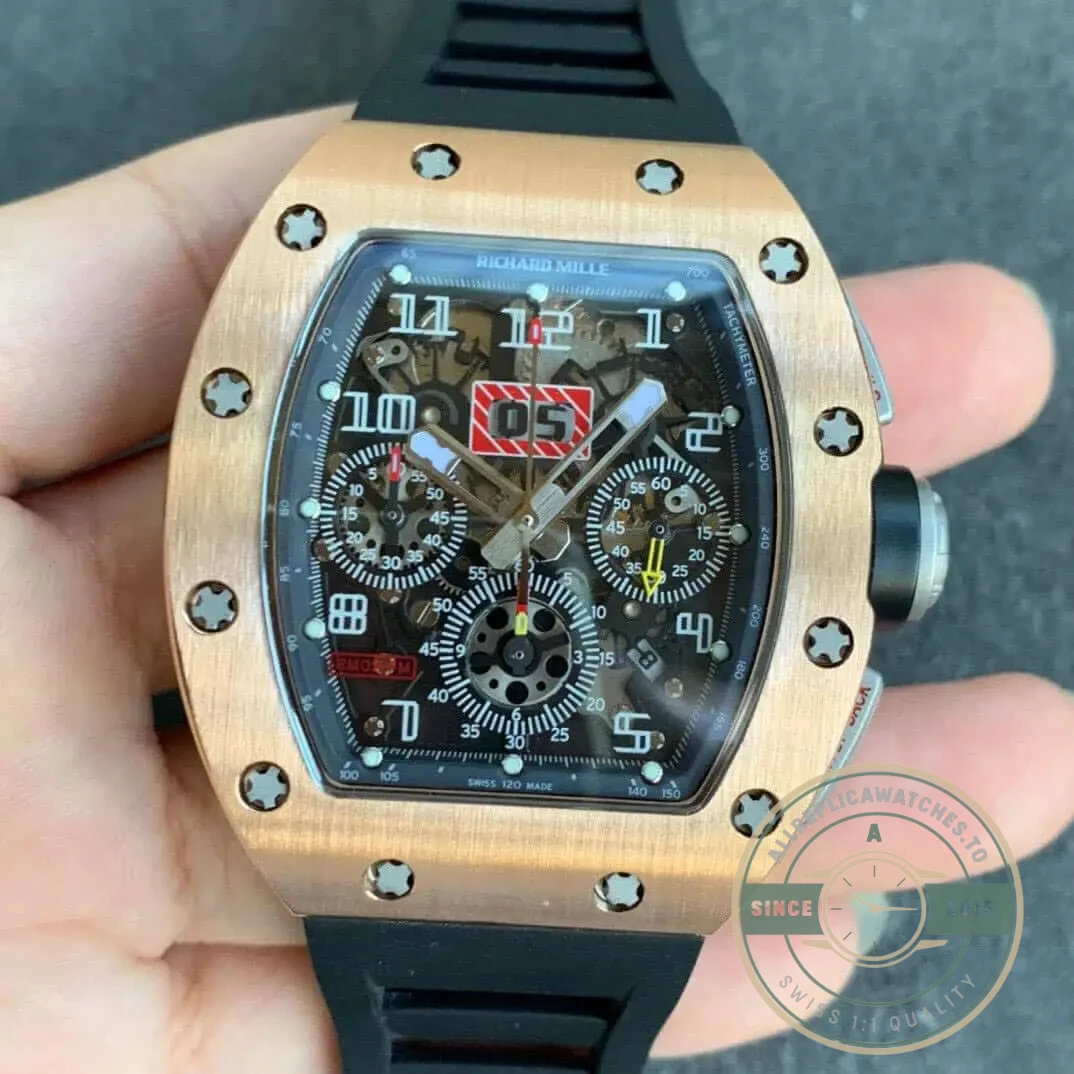 Replica Richard Mille 011 Rose Gold Black Strap - Factory Super Clone Watch