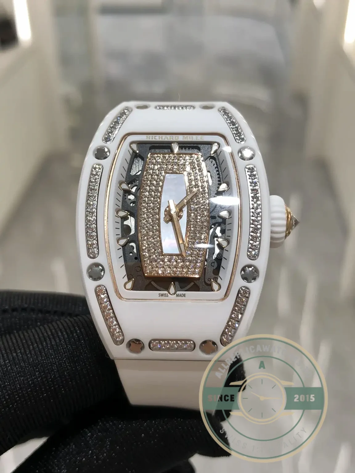 Replica Richard Mille 07-01 White Ceramic & Rose Gold With Diamonds White Dial - Swiss Movement Replica Watch