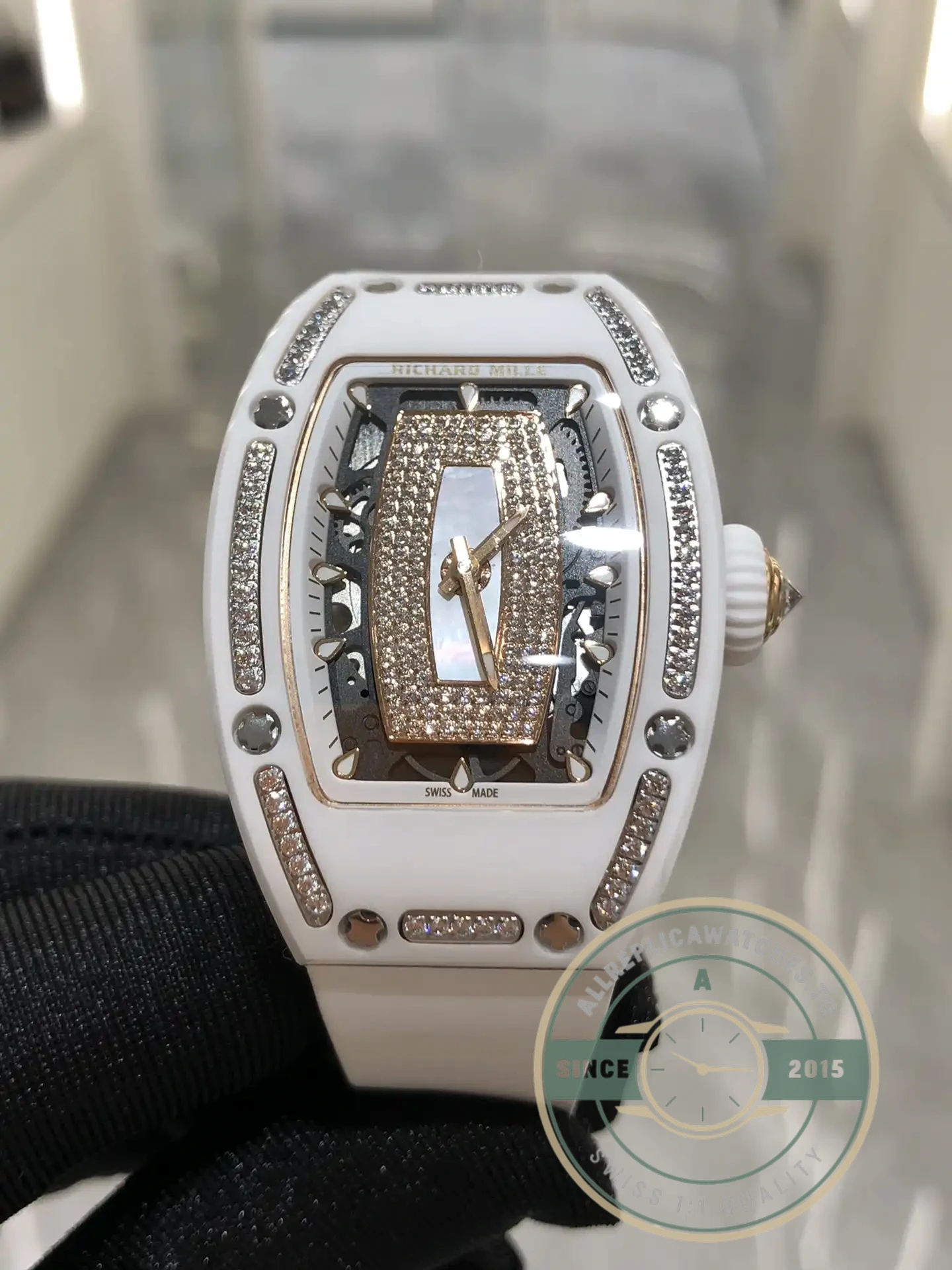 Replica Richard Mille 07-01 White Ceramic & Rose Gold With Diamonds White Dial - Swiss Movement Replica Watch