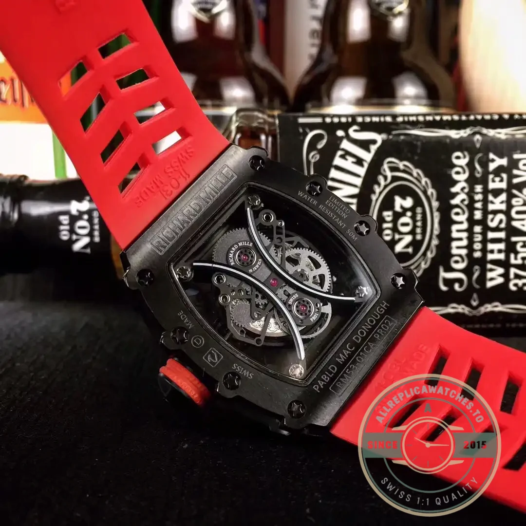 Replica Richard Mille 53-01 Case Black Carbon Strap Rubber Red - Best Quality Replica Watch