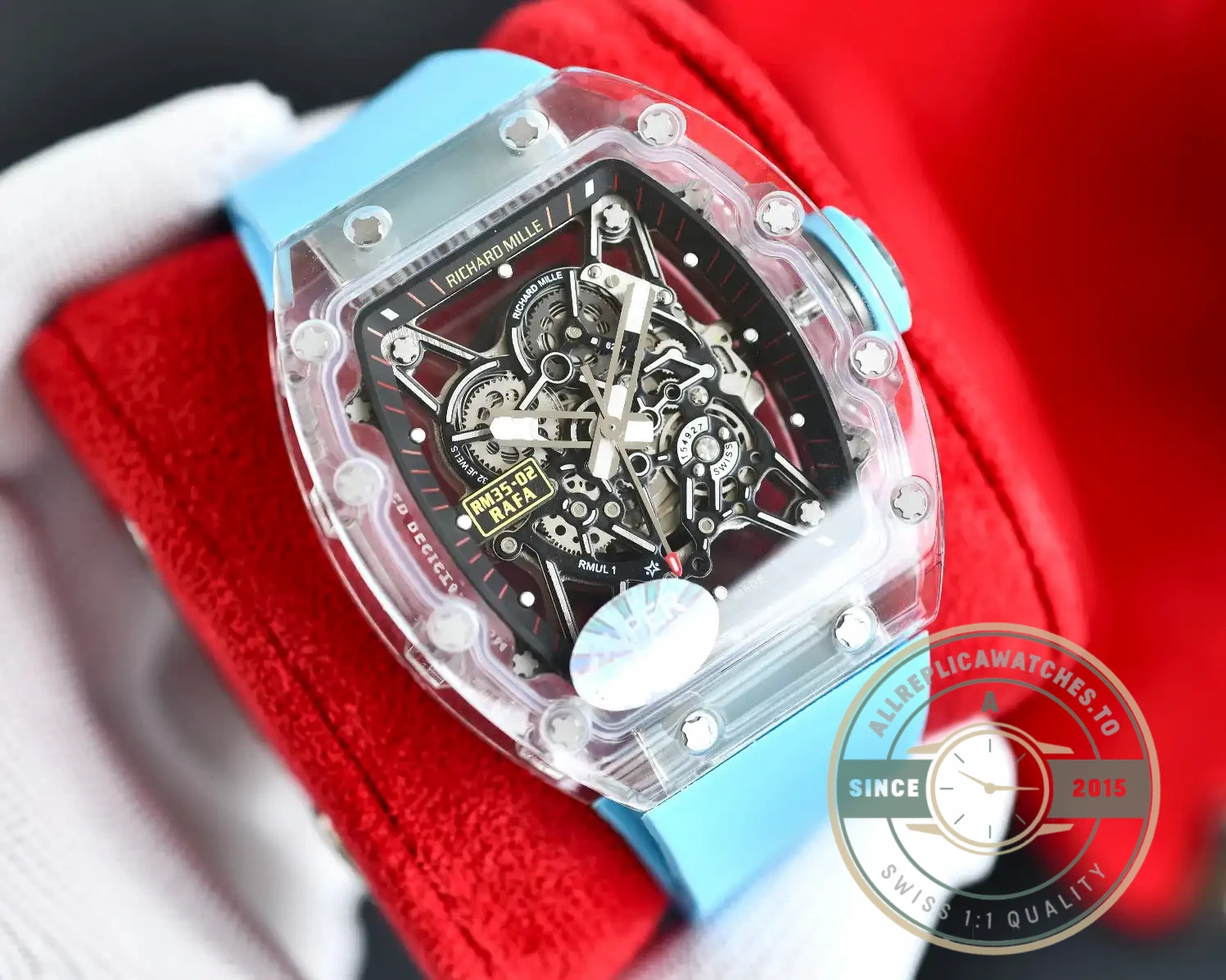Replica Richard Mille35-02 Transparent Case Blue Strap - Affordable Luxury Replica Timepiece