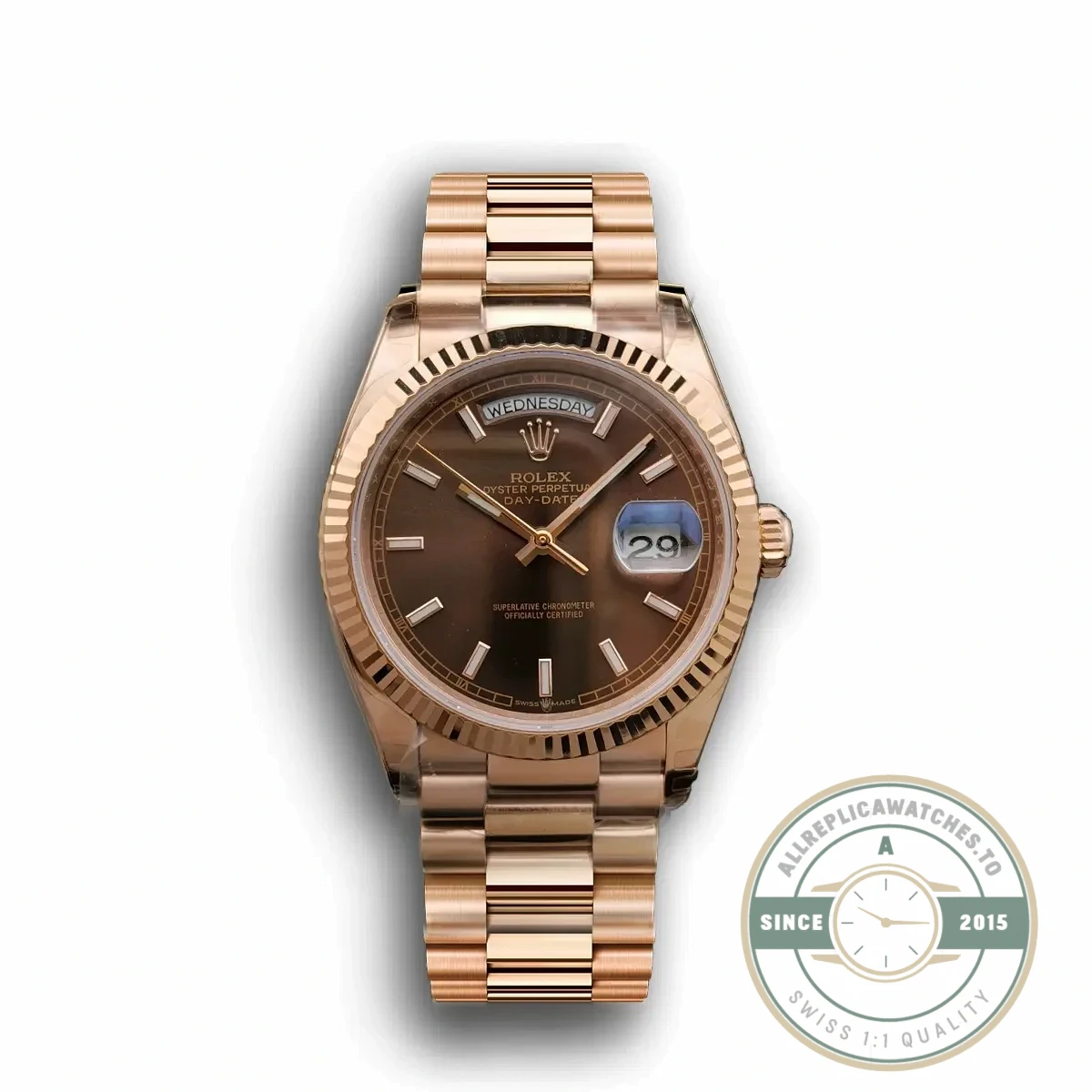 Replica Rolex Day-Date 128238 36mm Chocolate Dial Rose Gold - Affordable Super Clone Watch