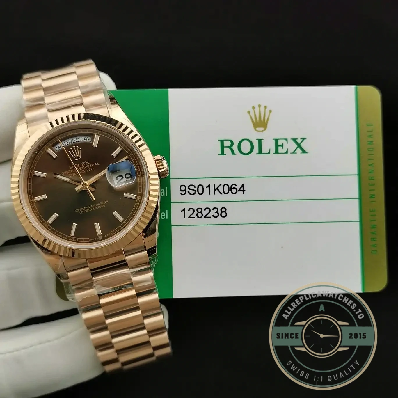 Replica Rolex Day-Date 128238 36mm Chocolate Dial Rose Gold - Factory Super Clone Watch