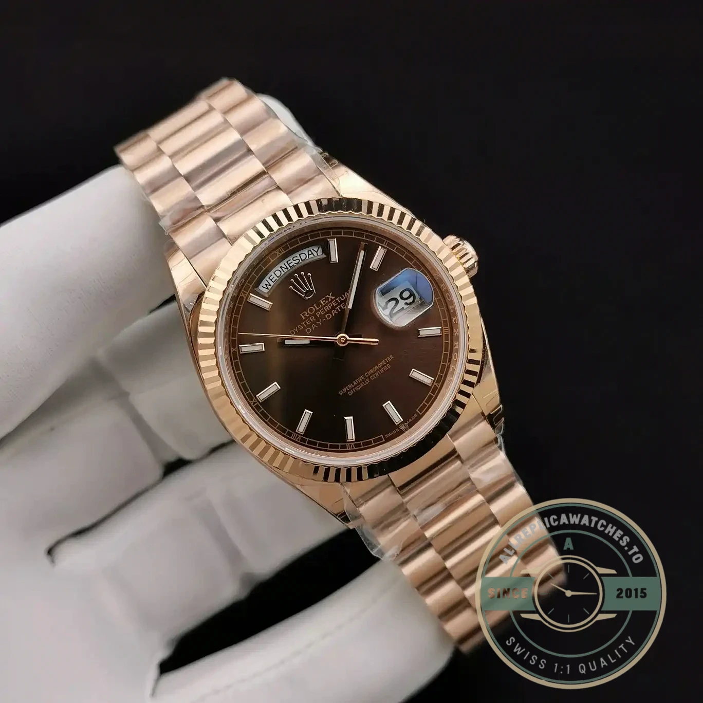 Replica Rolex Day-Date 128238 36mm Chocolate Dial Rose Gold - High-Grade Replica Watch