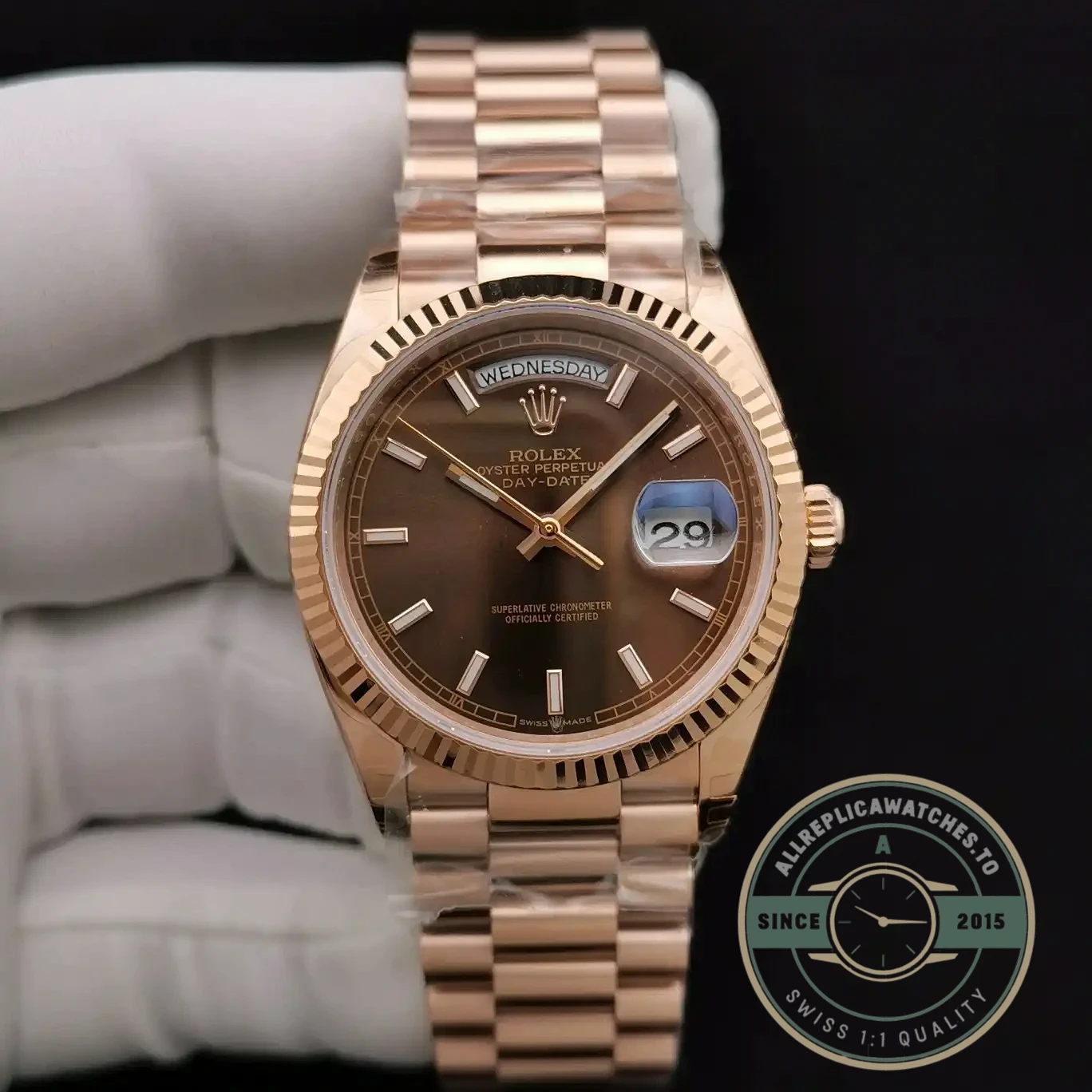 Replica Rolex Day-Date 128238 36mm Chocolate Dial Rose Gold - 1:1 Swiss Replica Watch