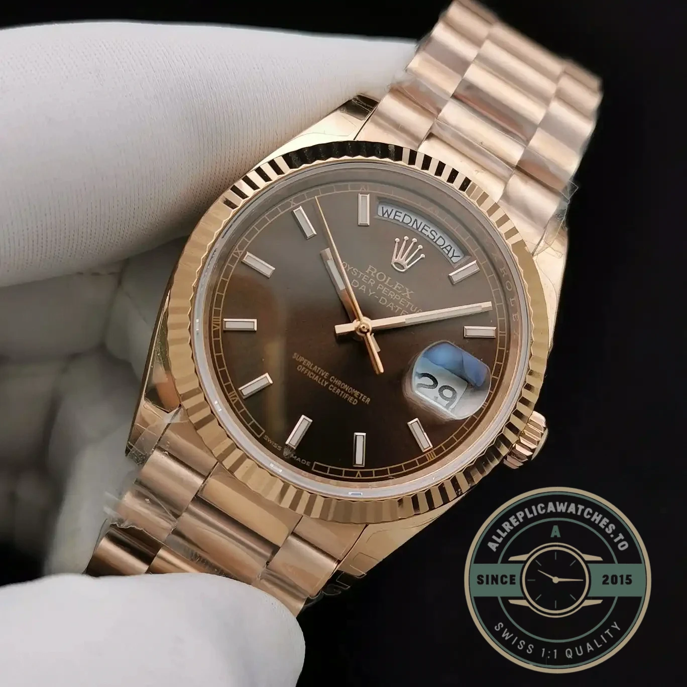Replica Rolex Day-Date 128238 36mm Chocolate Dial Rose Gold - Affordable Super Clone Watch