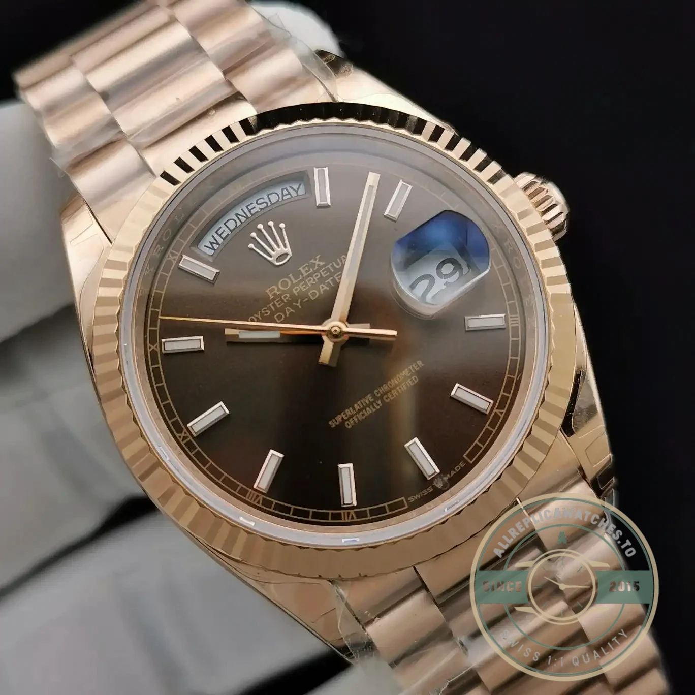 Replica Rolex Day-Date 128238 36mm Chocolate Dial Rose Gold - Factory Super Clone Watch