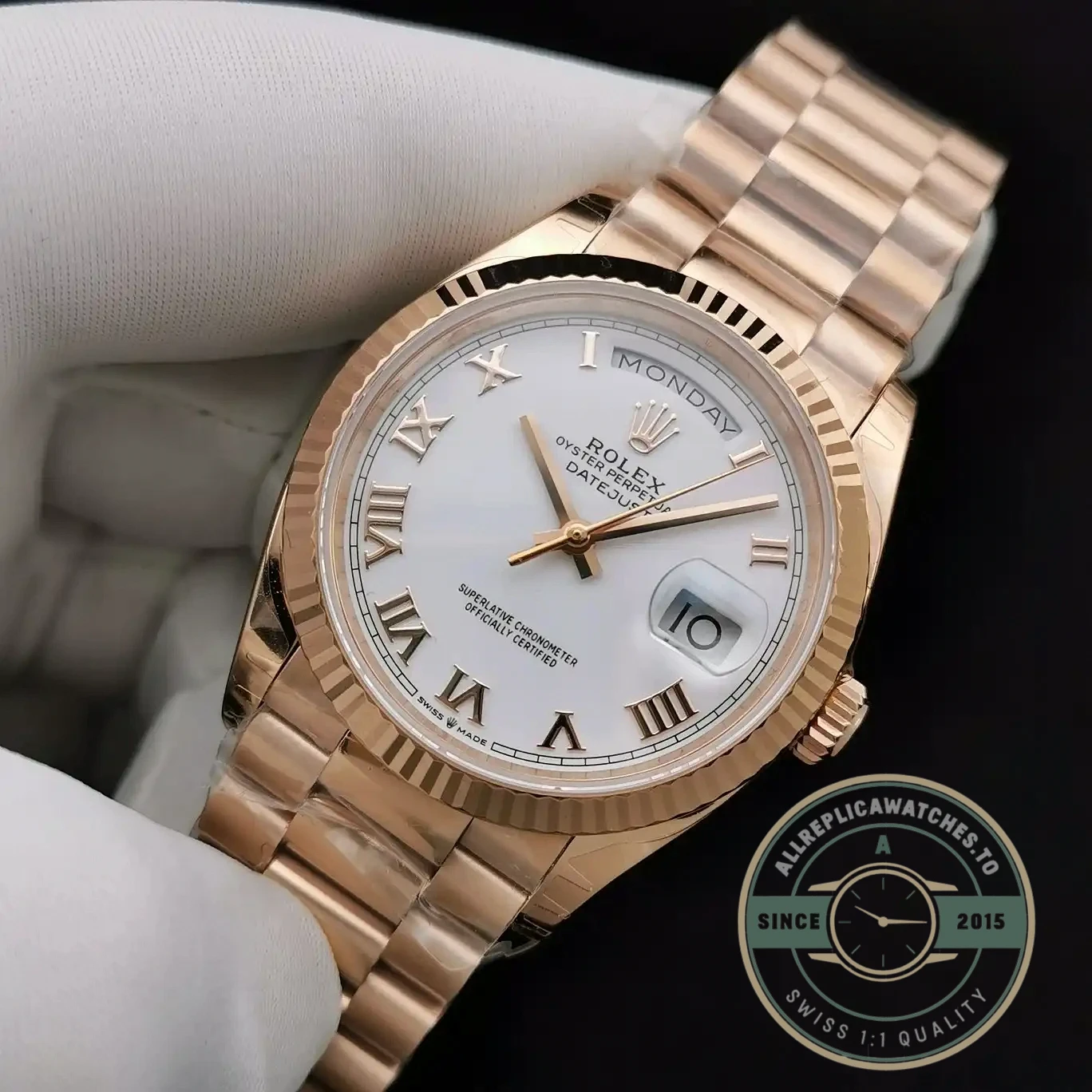 Replica Rolex Day-Date 128238 36mm White Roman Dial - Swiss-Made Clone Watch