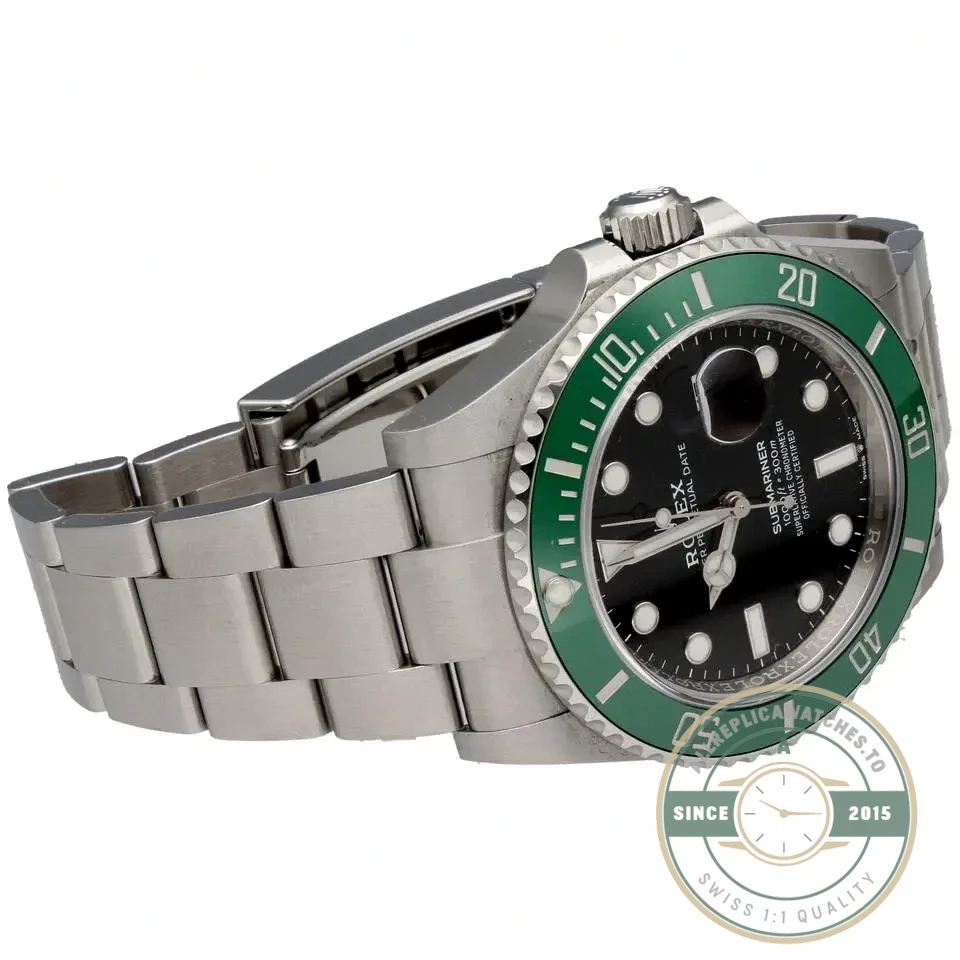 Rolex Submariner super clone close-up showing the 2.5x cyclops over the date and green ceramic bezel