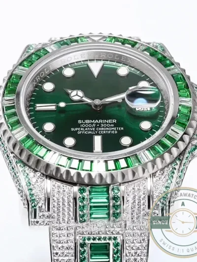 Replica Rolex Submariner Iced Out 116610LV 40mm Green Diamond Bezel - Swiss Movement Replica Watch
