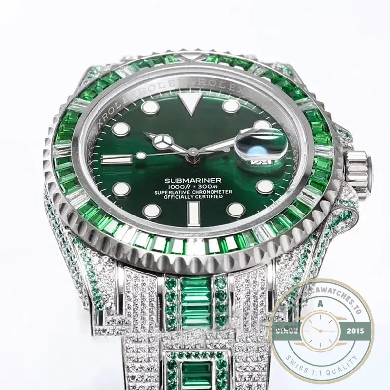 Replica Rolex Submariner Iced Out 116610LV 40mm Green Diamond Bezel - Swiss Movement Replica Watch