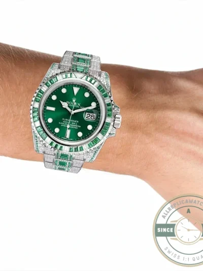 Replica Rolex Submariner Iced Out 116610LV 40mm Green Diamond Bezel - Swiss Movement Replica Watch