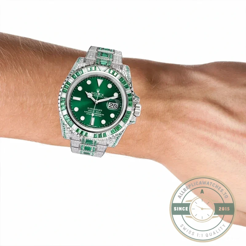 Replica Rolex Submariner Iced Out 116610LV 40mm Green Diamond Bezel - Swiss Movement Replica Watch