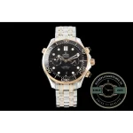 Two-tone finish carried from bezel to bracelet on this 44mm Seamaster chronograph replica
