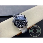 Chronograph subdial rings catching light as thin silver circles, clone Omega Seamaster 44mm