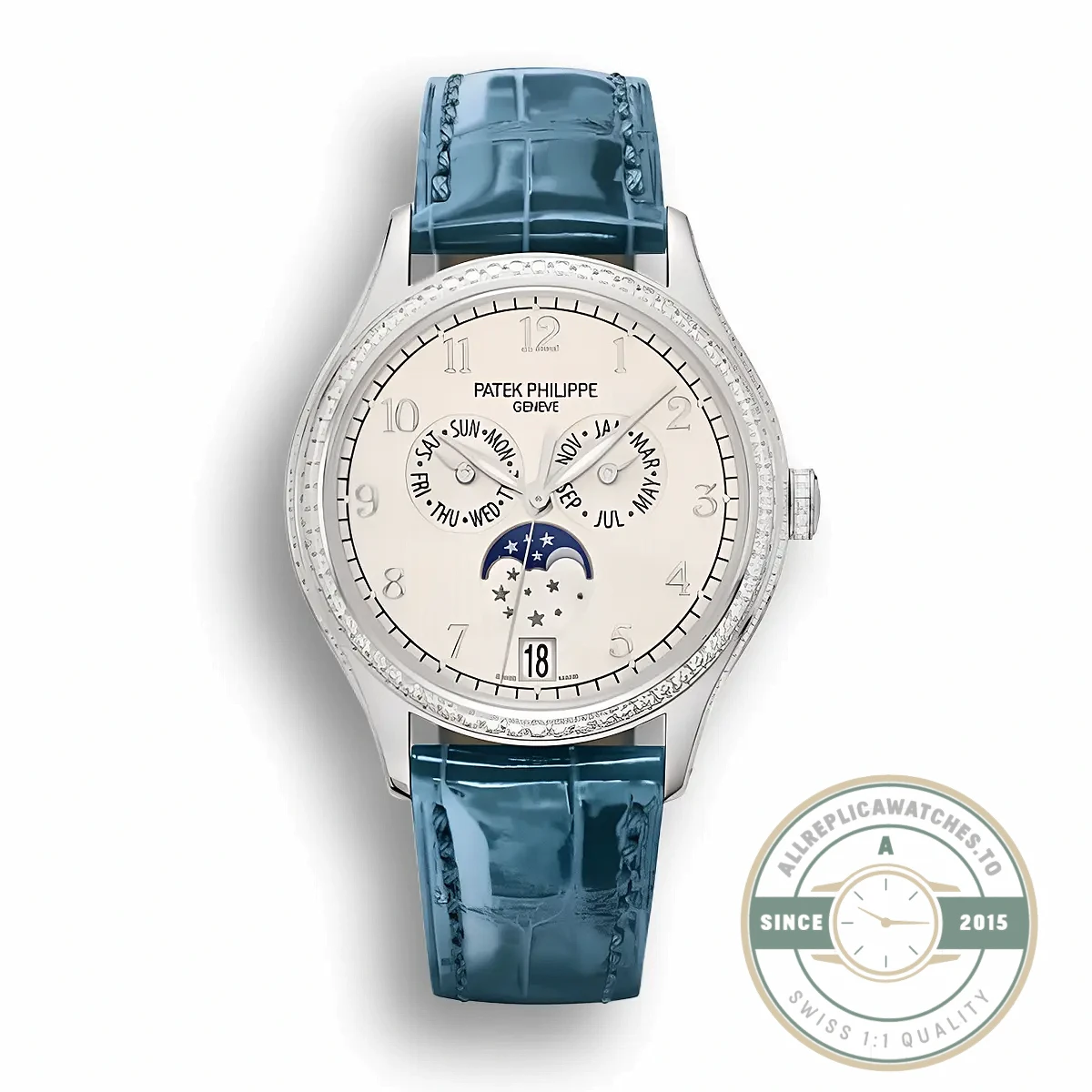Superclone Complications 4947G-010 Patek Philippe ANNUAL CALENDAR, MOON PHASES. 38 mm, White Gold - Swiss-Made Clone Watch