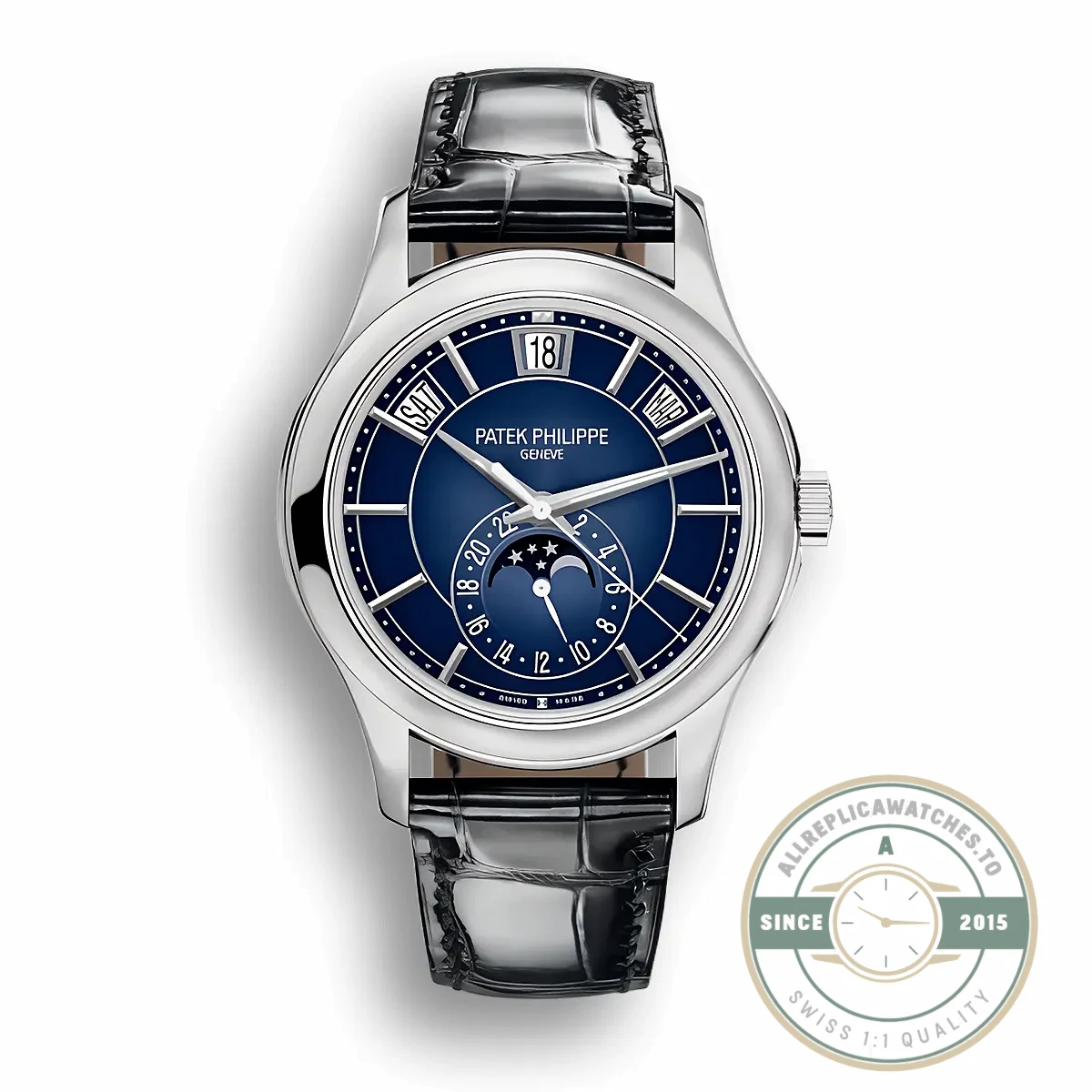 Superclone Complications 5205G-013 Patek Philippe ANNUAL CALENDAR, MOON PHASES. 40 mm, White gold, Blue Dial - Budget Luxury Replica Watch