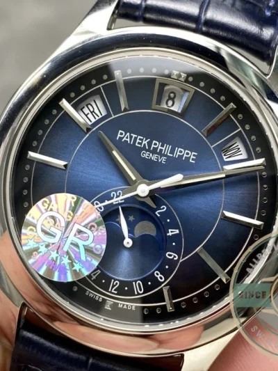 Superclone Complications 5205G-013 Patek Philippe ANNUAL CALENDAR, MOON PHASES. 40 mm, White gold, Blue Dial - Affordable Luxury Replica Timepiece