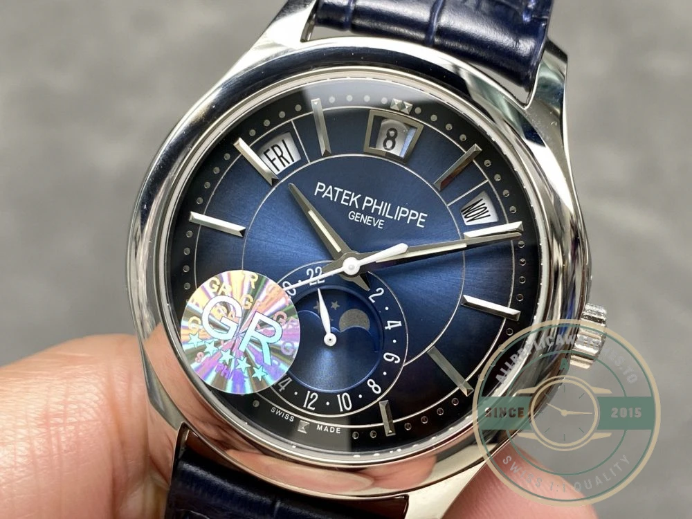 Superclone Complications 5205G-013 Patek Philippe ANNUAL CALENDAR, MOON PHASES. 40 mm, White gold, Blue Dial - Affordable Luxury Replica Timepiece
