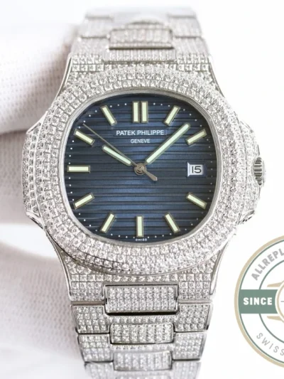 Superclone Nautilus 5711-1300A-001 Patek Philippe 40 mm, Blue Dial, Iced Out - Swiss Movement Replica Watch