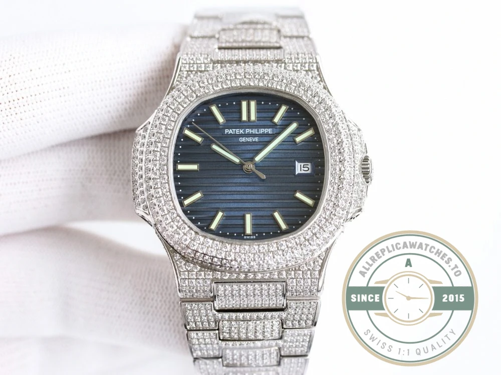 Superclone Nautilus 5711-1300A-001 Patek Philippe 40 mm, Blue Dial, Iced Out - Swiss Movement Replica Watch
