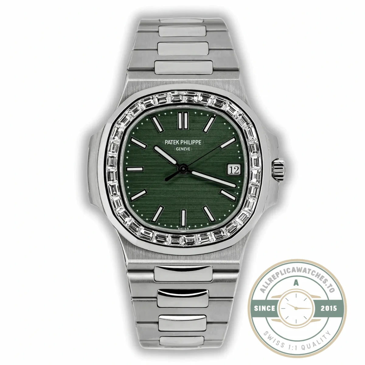 Superclone Nautilus 5711-1300A-001 Patek Philippe 40 mm, Green Dial, Baguette Bezel - Affordable Super Clone Watch