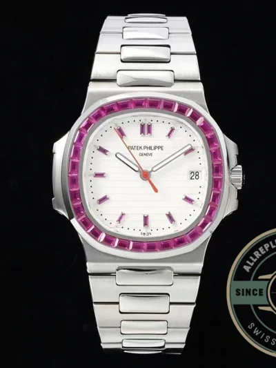 Superclone Nautilus 5711/1A-018 Patek Philippe 40 mm, Stainless Steel White Dial Purple Iced out - Luxury Replica Watch