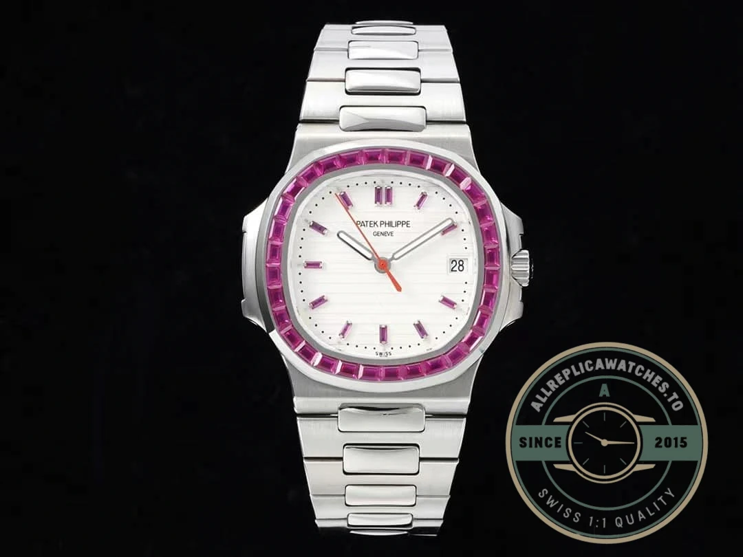 Superclone Nautilus 5711/1A-018 Patek Philippe 40 mm, Stainless Steel White Dial Purple Iced out - Luxury Replica Watch