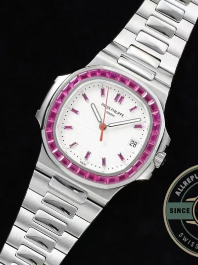 Superclone Nautilus 5711/1A-018 Patek Philippe 40 mm, Stainless Steel White Dial Purple Iced out - 1:1 Swiss Replica Watch