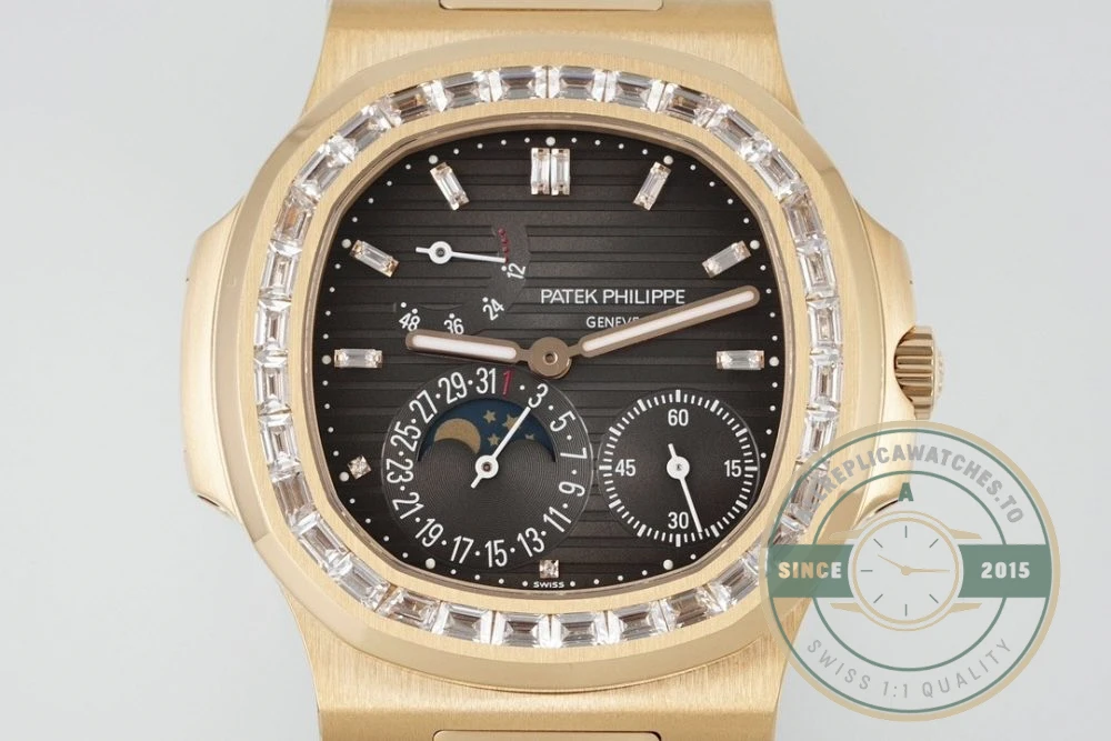 Superclone Nautilus 5712R-001 Patek Philippe Moon phases. 40 mm, Rose gold, Diamond Bezel, Black Dial - Factory Super Clone Watch