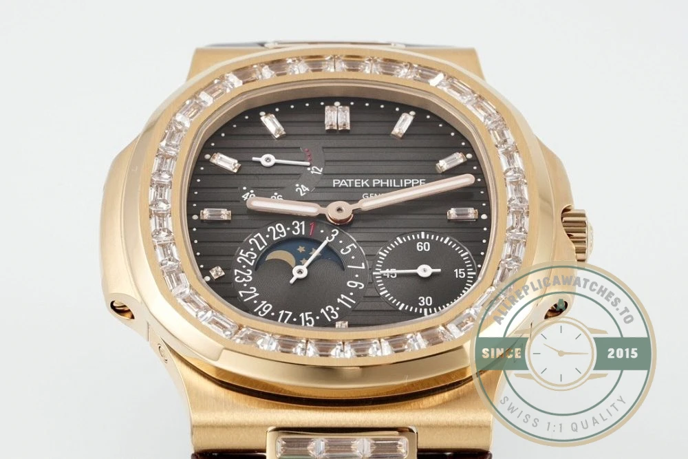 Superclone Nautilus 5712R-001 Patek Philippe Moon phases. 40 mm, Rose gold, Diamond Bezel, Black Dial - Affordable Super Clone Watch