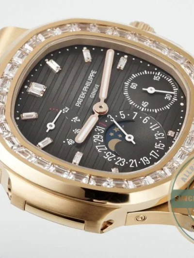 Superclone Nautilus 5712R-001 Patek Philippe Moon phases. 40 mm, Rose gold, Diamond Bezel, Black Dial - Budget Luxury Replica Watch