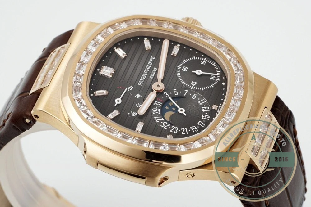 Superclone Nautilus 5712R-001 Patek Philippe Moon phases. 40 mm, Rose gold, Diamond Bezel, Black Dial - Budget Luxury Replica Watch